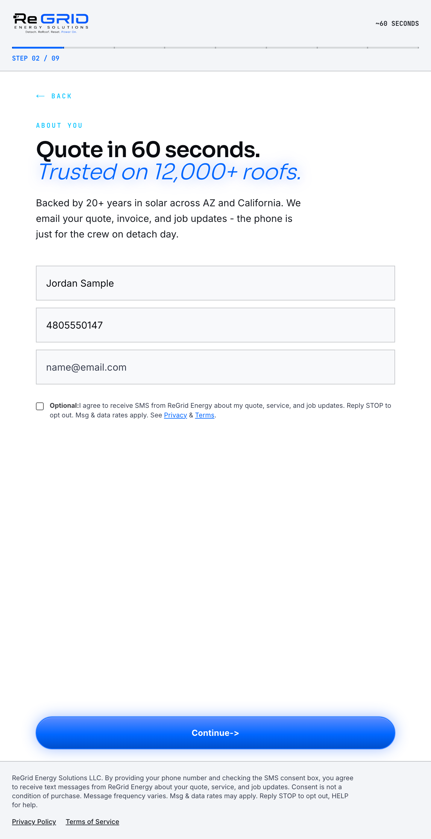 ReGrid Energy quote form showing the unchecked SMS consent checkbox and disclosure